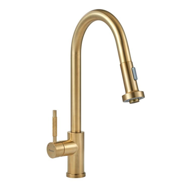 GRIFERIA GOURMET COCINA MESADA MONOCOMANDO CON ROCIADOR ORO MATE PIAZZA
